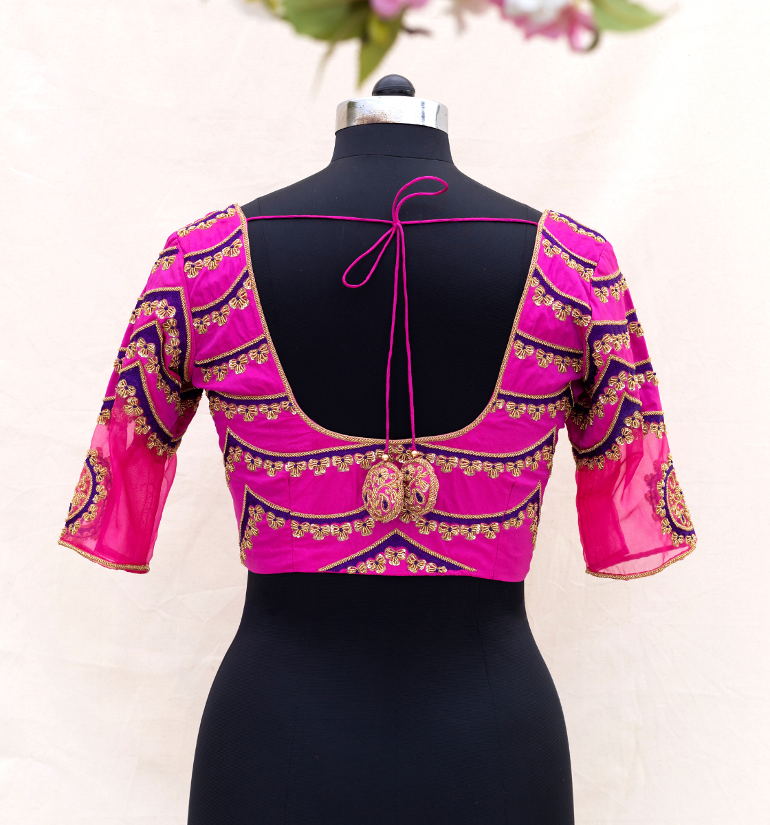 Pink Scallop Floral Embroidery Blouse with Organza Border for Sleeves