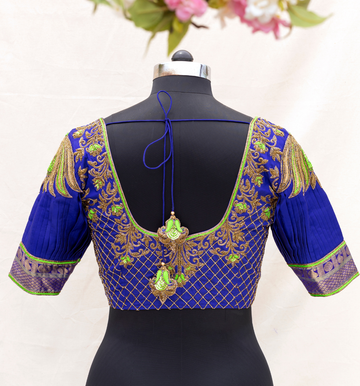 Ink Blue Lotus Embroidery Blouse with Pleated Sleeve