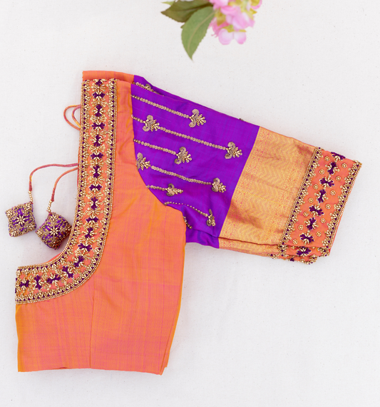 Orange Embroidery Blouse with Contrast Sleeves