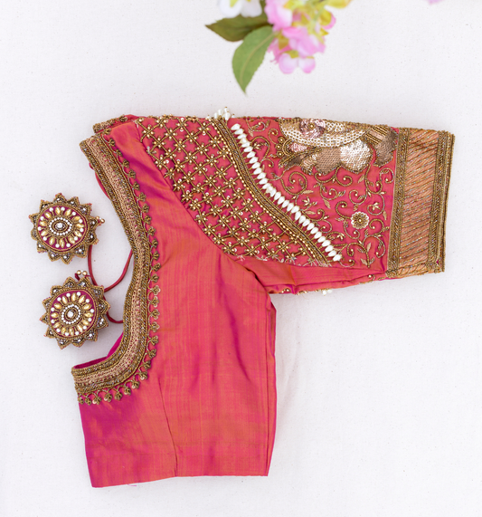 Pink Heavy Embroidery Bridal Blouse with Peacock Motifs