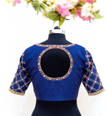 Royal Blue Checkered Embroidery Blouse