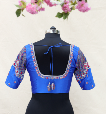 Blue Checked Sleeve with Peacock Embroidery Blouse