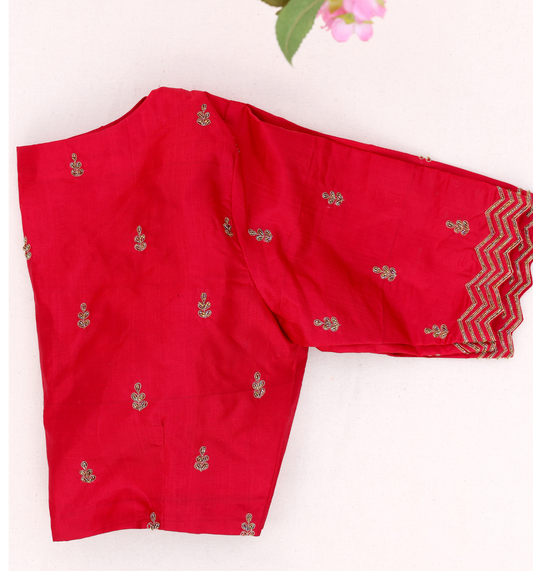 Deep Red Blouse with Zigzag Sleeve and Body Motifs