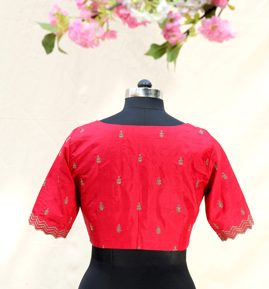 Deep Red Blouse with Zigzag Sleeve and Body Motifs