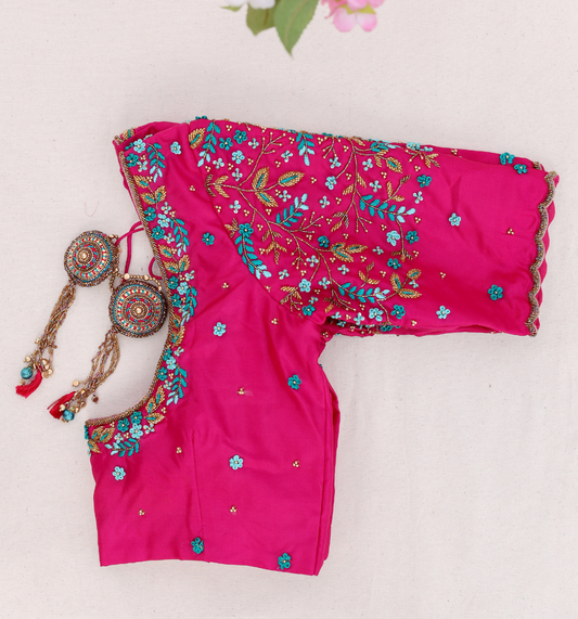 Pink Floral Embroidery Blouse with Scallop Sleeve Edge