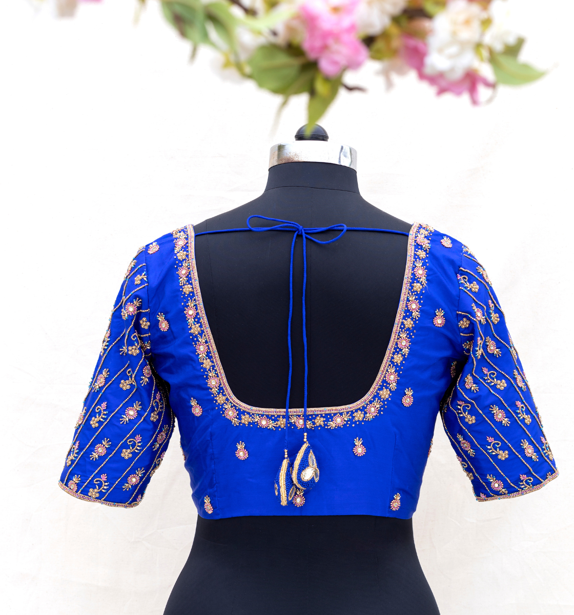 Blue Diagonal Striped Embroidery Blouse