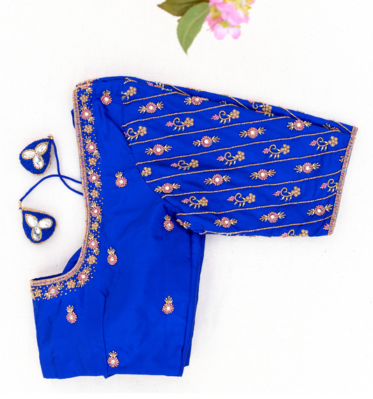 Blue Diagonal Striped Embroidery Blouse