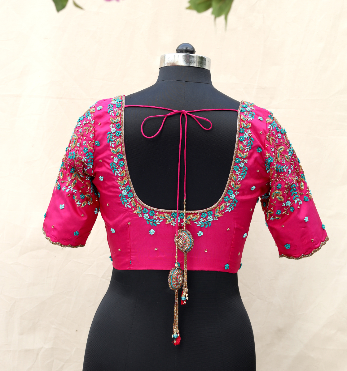 Pink Floral Embroidery Blouse with Scallop Sleeve Edge