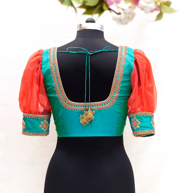 Green Fancy Embroidery Blouse with Organza Puff Sleeve